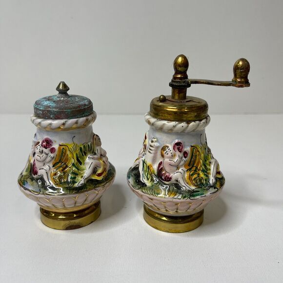 Vintage Salt Shaker And Pepper Grinder Set Porcelain and Brass Made In Italy - Picture 2 of 16